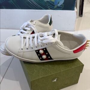 Gucci White and Red Sneakers with Gold Spikes